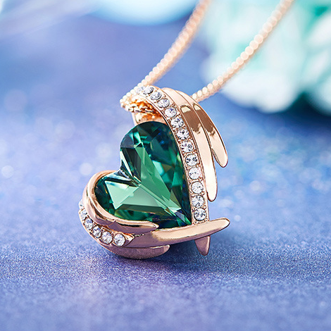 925 Sterling Silver Swarovski Crystal Angel Wings Heart  Pendant Necklace