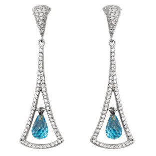 18K white gold micropave setting diamond tear drop blue topaz dangling earring