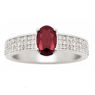 18K white gold big ruby surrounded small diamonds wide band ring