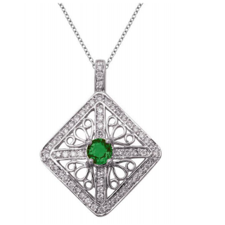 18K white gold filligreed jewelry emerald diamond pendant