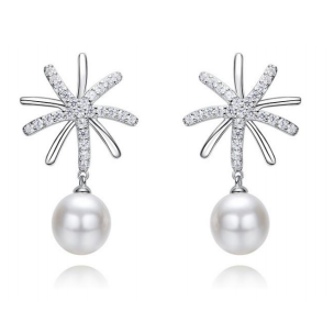 925 sterling silver grass  cubic zirconic fresh water pearl earring