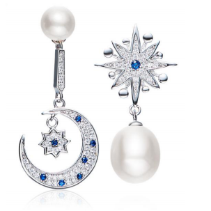 925 sterling silver asymmetric moon stard blue cubic zirconic pearl earring
