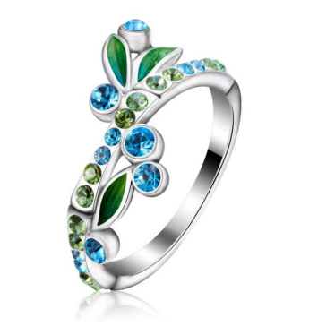 Sterling Silver 925 enamel blue and green cubic zirconic fashion ring