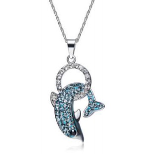 sterling silver 925 dolphin circle playing cubic zirconic pendant necklace