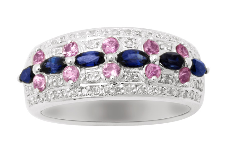 18K Gold Diamond Ring Band With Sapphire and Pink  Sapphire