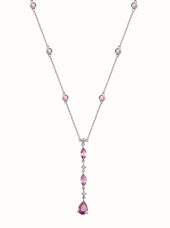 18K Gold Diamond t Necklace With Pink Quartz