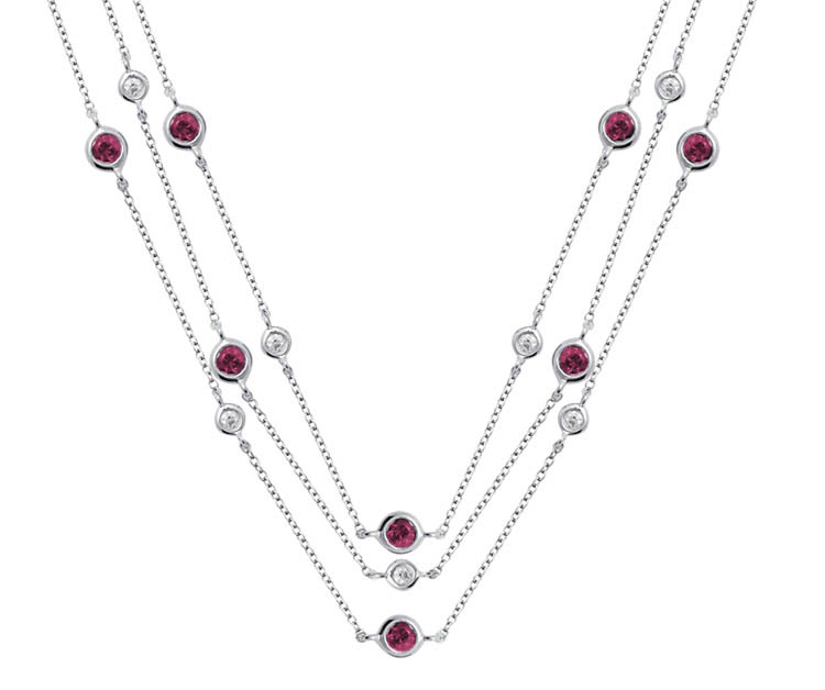 18K Gold Diamond Dangling Three Layers Necklace With Ruby
