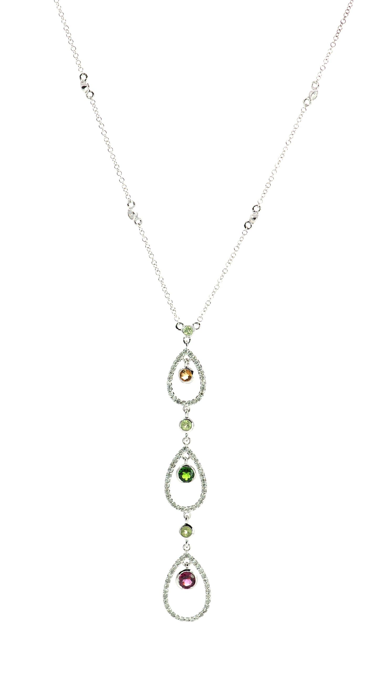 18K Diamond Pear Shape Pendant Necklace with Citrine, Emerald, Ruby and Peridot