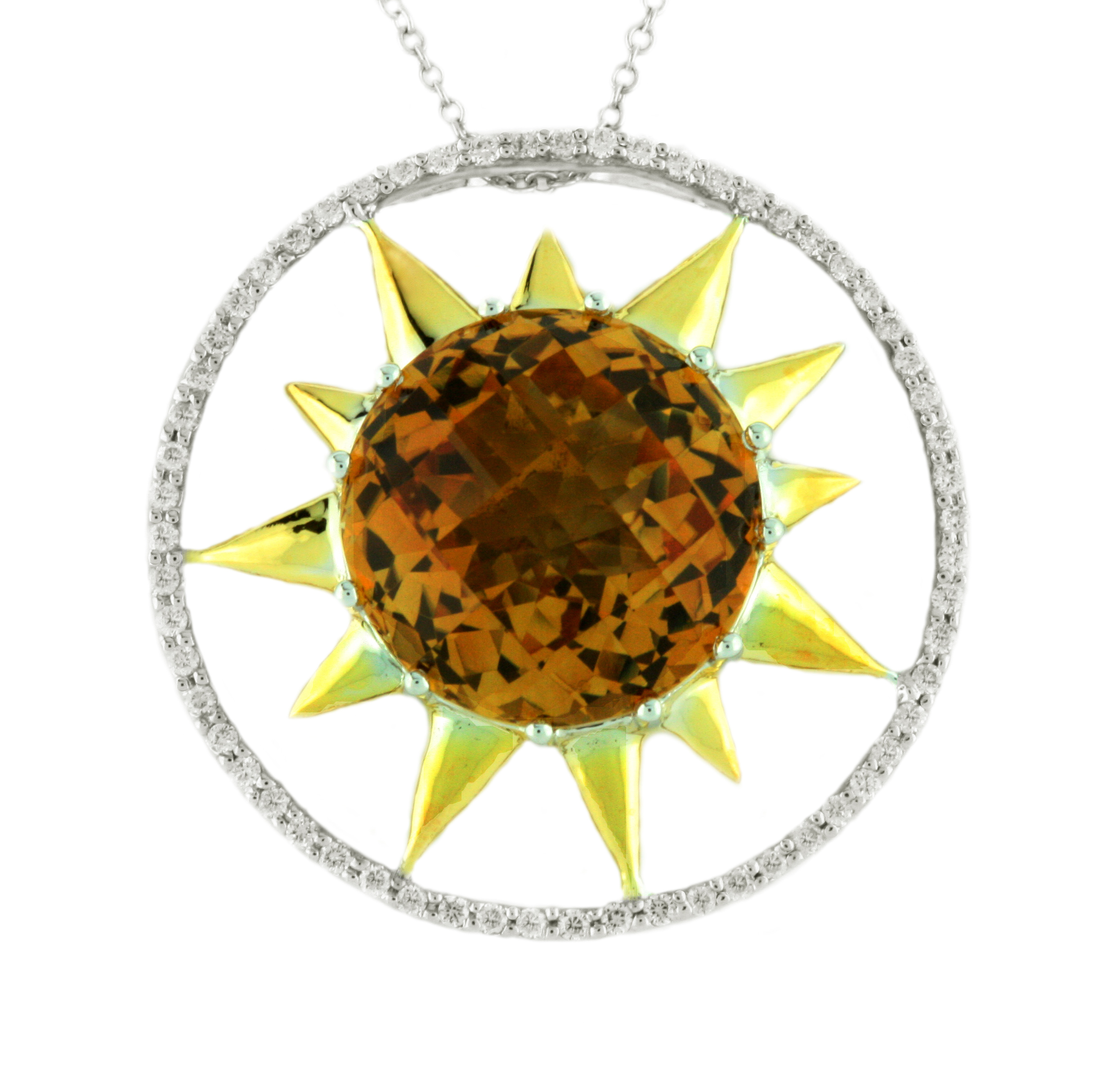 18K Two Tones Sunflower Diamond Pendant with Garnet