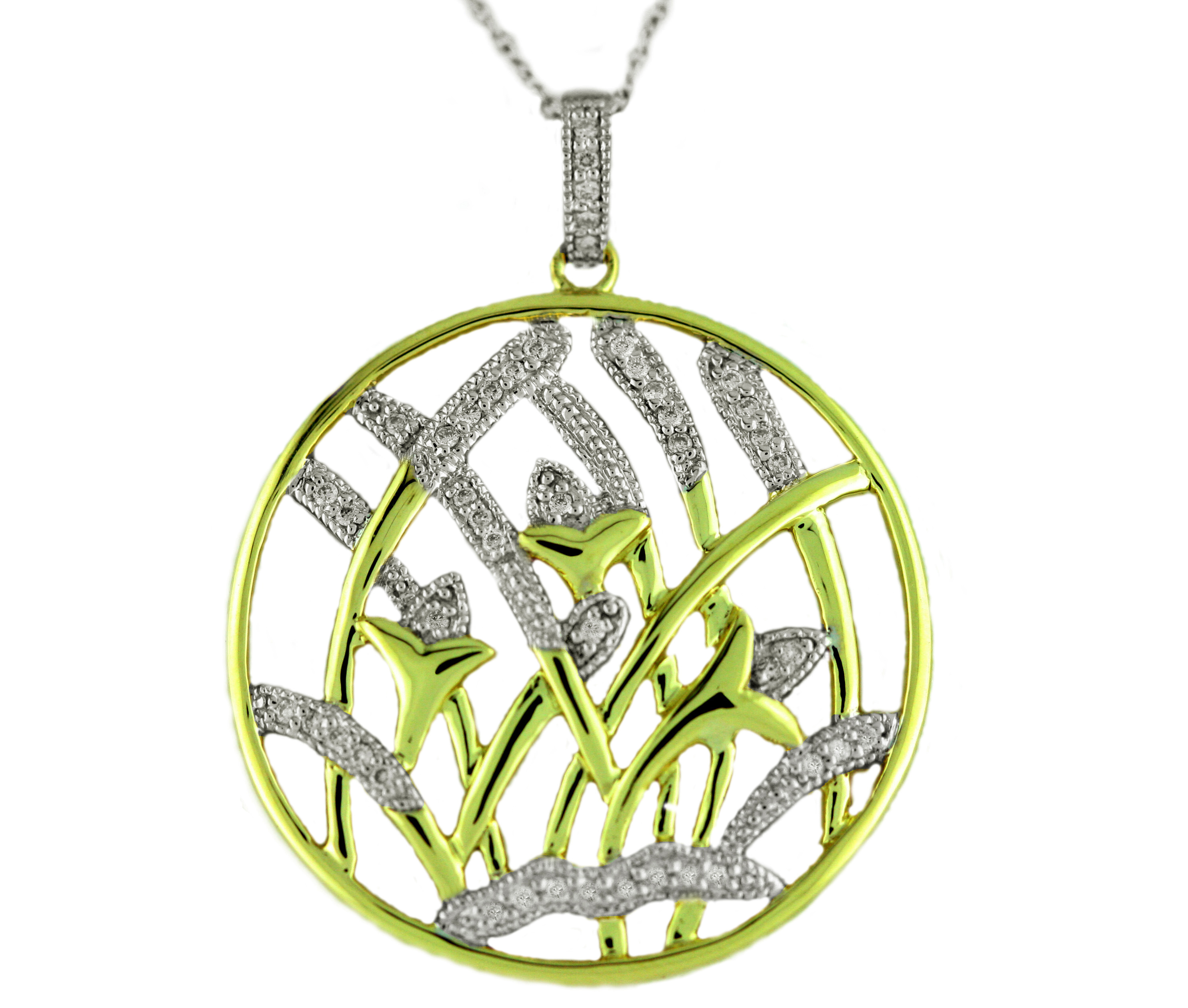 18K Yellow Gold Flower Leaves  Diamond Shining Pendant