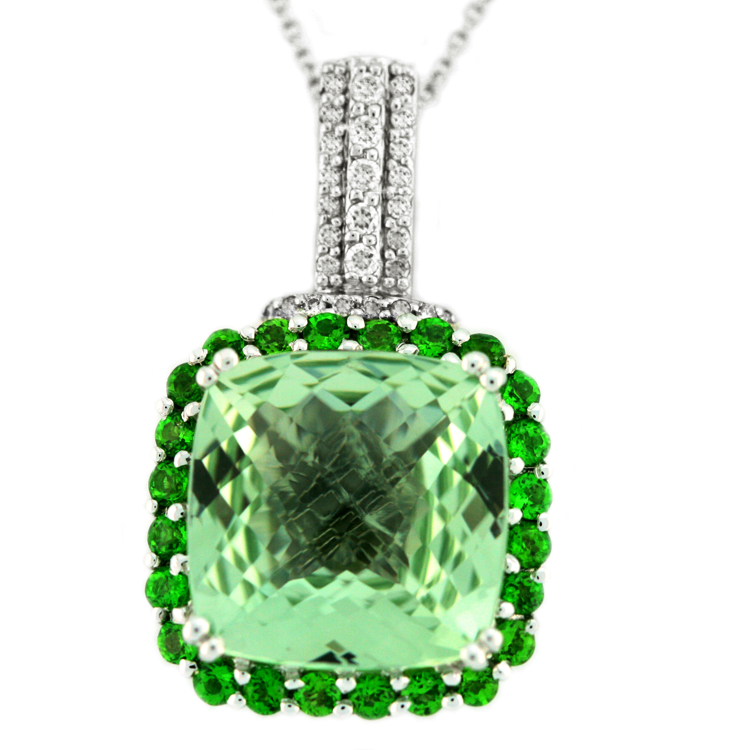 18K Diamond Pendant with Green Amethyst &Emerald
