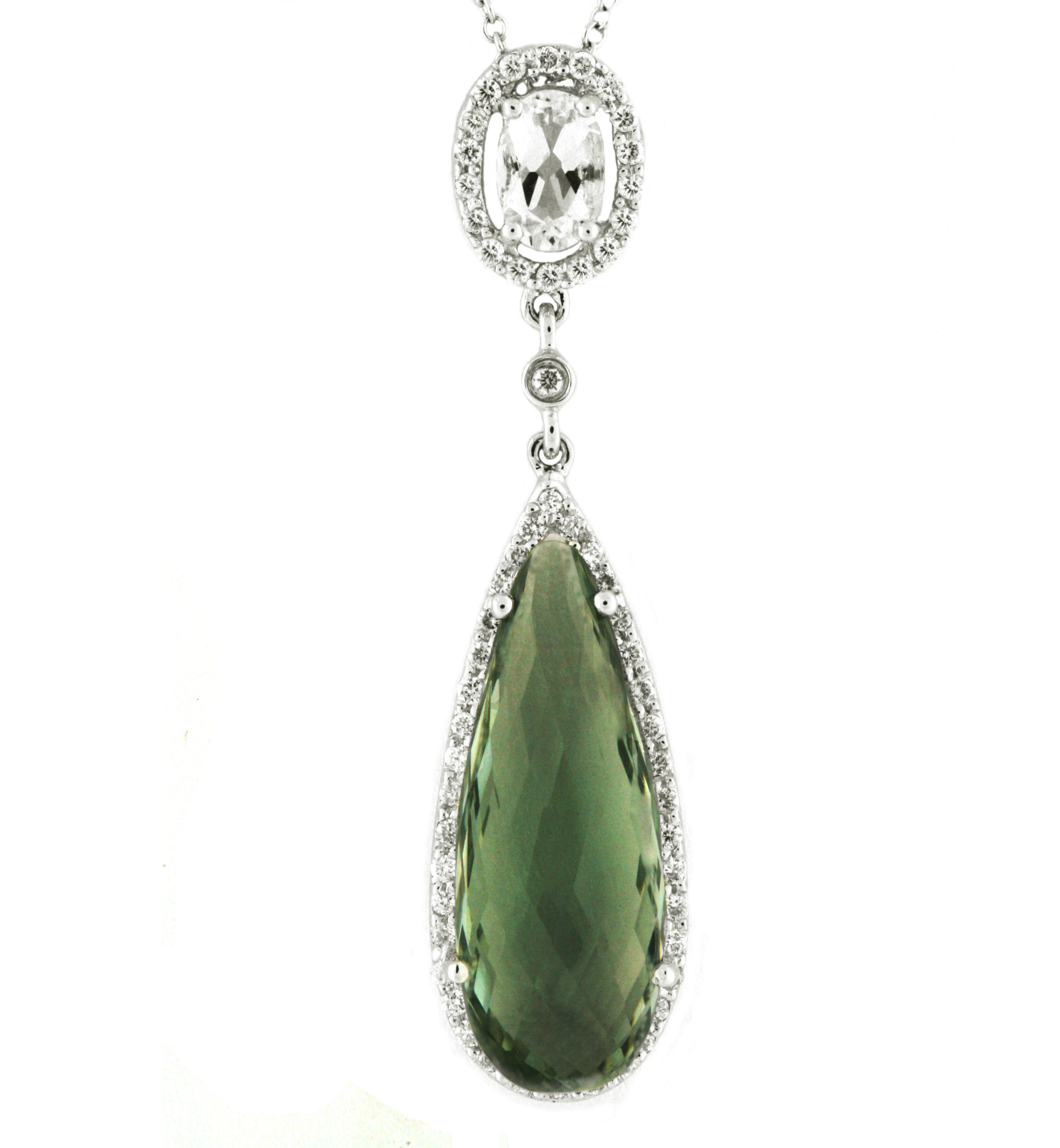 18K Pear Diamond Pendant with White Quartz&Jade