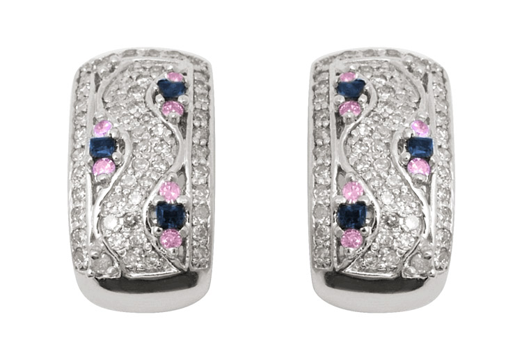 18K Gold Diamond Earring With Sapphire and Pink Sapphire