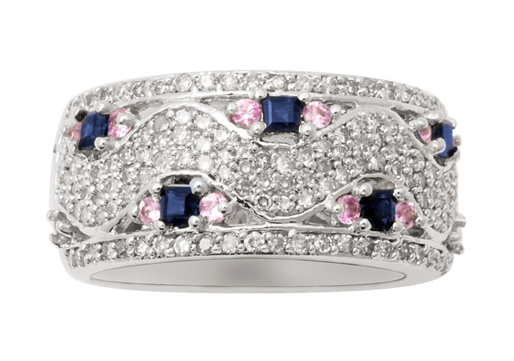 18K Gold Diamond Ring Band With Sapphire and Pink Sapphire