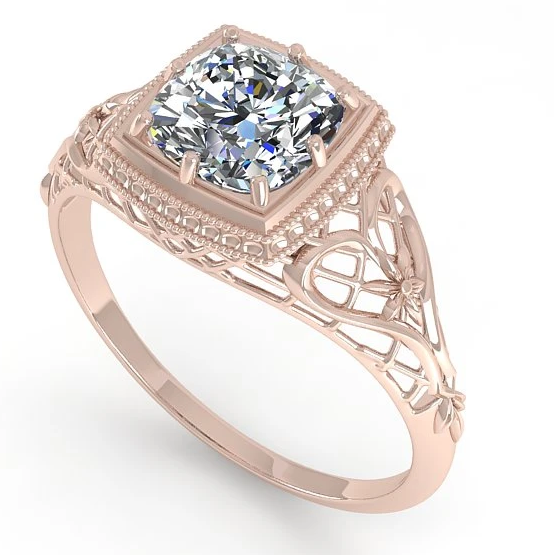 18K Rose Gold 1.0 ctw  Cushion Solitaire Diamond Filigree Engagement Ring