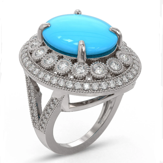18K  White gold gorgeous Turquoise & Diamond Victorian Ring