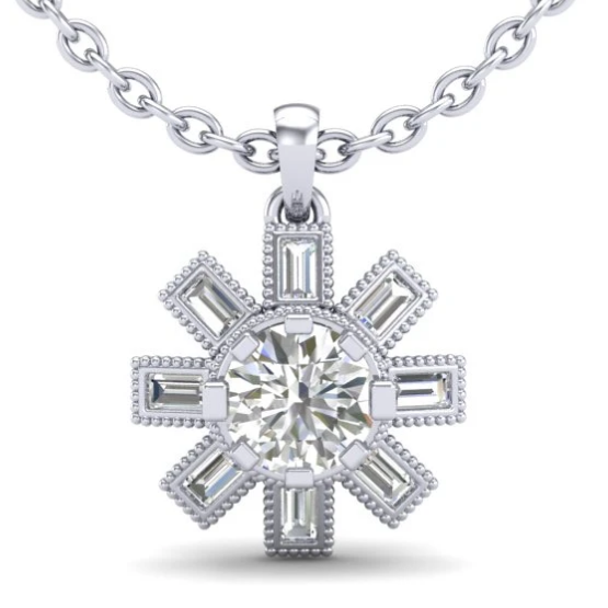 18K White Gold Diamond Solitaire Art Deco Sunflower Pendant Necklace