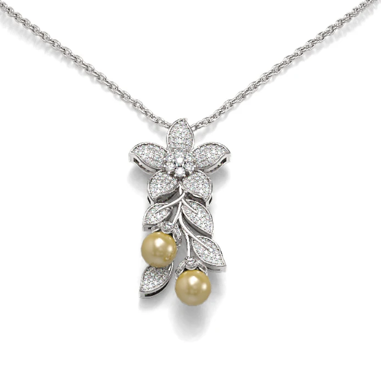 18K White Gold Diamond and Pearl Floral PendantNecklace