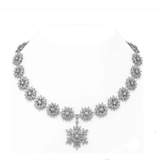 18K White Gold Flocked Leaves Pear and Marquise Cut Diamond Necklace