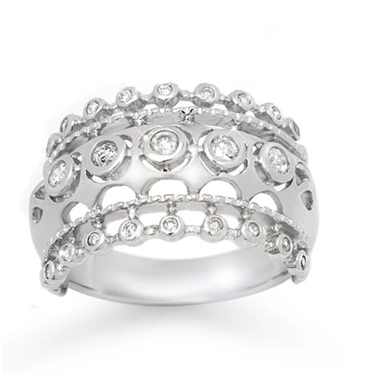 18K White Gold Crown Rows Diamond Wide Ring