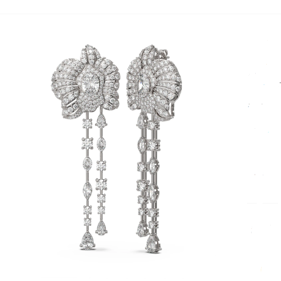 18K White Gold Mixed Shape Diamond Floral Pistil Dangling Earring