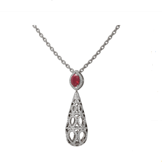 18K White Gold Hollow Filigree Pear Dangling Ruby Diamond Pendant Necklace