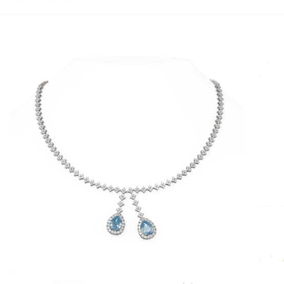 18K White Gold Full Paved Diamond Dangling Blue Topaz Choker Pendant Necklace