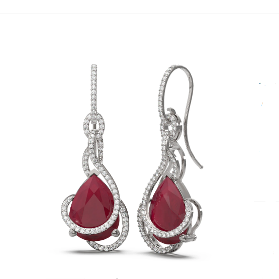 18K White Gold Fish Hook Precious Ruby Diamond Dangling Dancing Earring