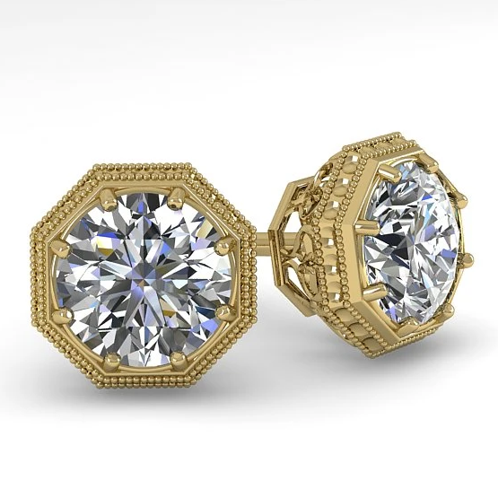 18K Yellow Gold Geometrical Millgram Diamond Stud Earring