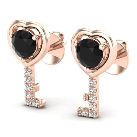 18K Rose Gold  Micro Key to The Heart Black Diamond Earring