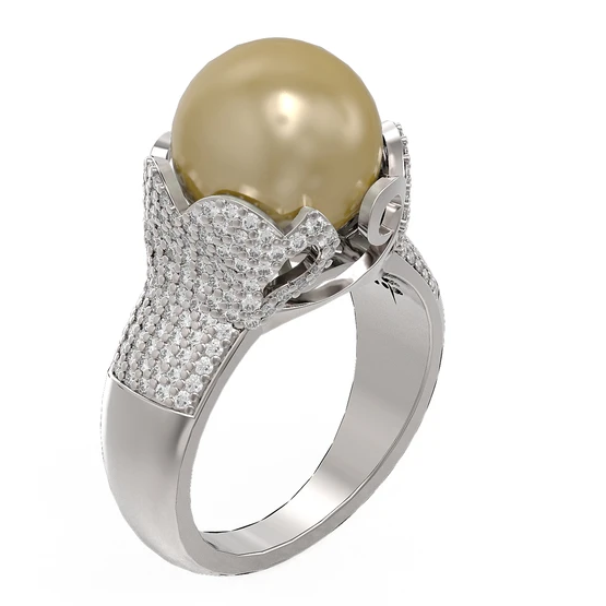 18K Gold Diamond and Golden Pearl Cocktail Ring