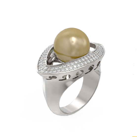 18K Yellow Gold Diamond  Pearl Ring