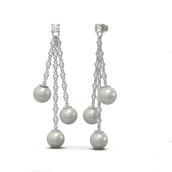 18K Gold Diamond Pearl Dropping Earring Dangling