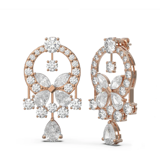 18K Rose Gold Diamond  Dropping Floral Dangling Earring