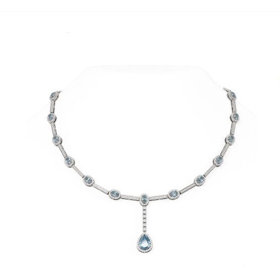 18K White Gold Dangling Aquamarine Dimaond Fully Paved Diamonds Pendant Necklace