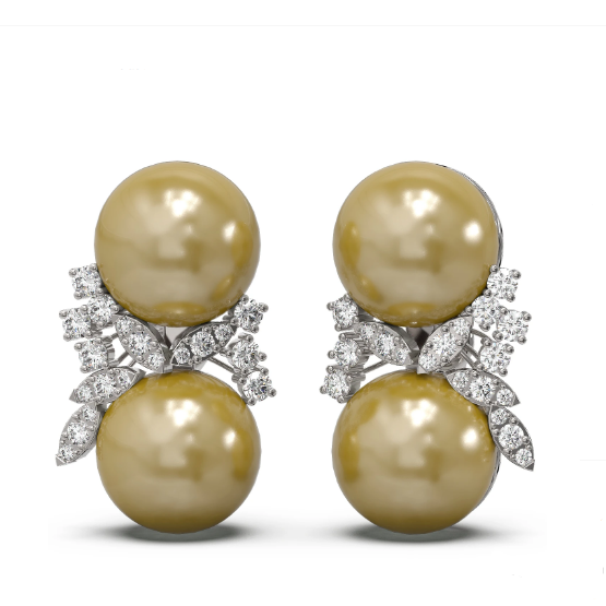 18K Gold Diamond Earring Stud with Golden Pearl