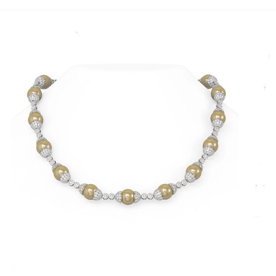 18K White Gold Fully Paved Golden Pearl Diamond Lantern Necklace