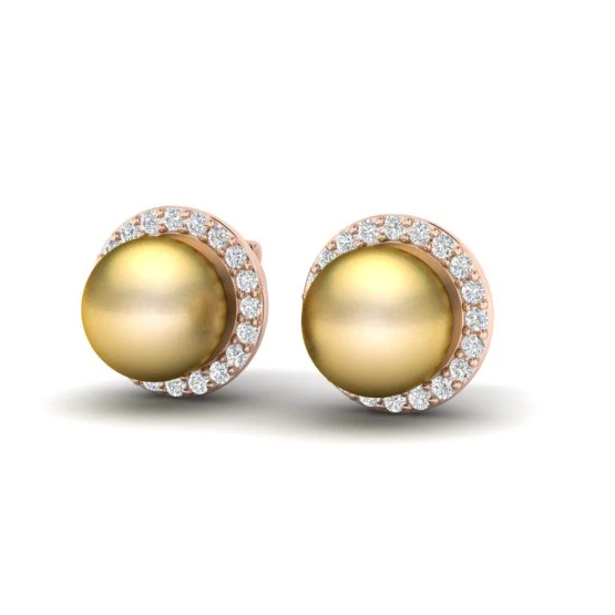 18K Rose Gold Golden Pearl Diamond Earring Stud
