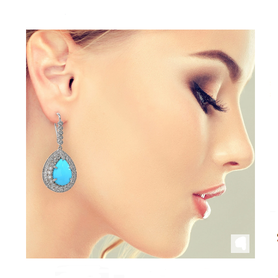 18K Gold Heart Shape Droping Pear Turquoise Dangling Diamond Earring