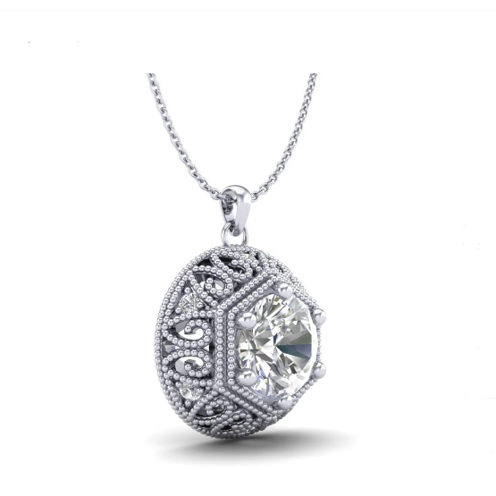 18K Round Circle 3-Dimensional Hexagon Art Deco Solitaire Diamond Pendant Neckla