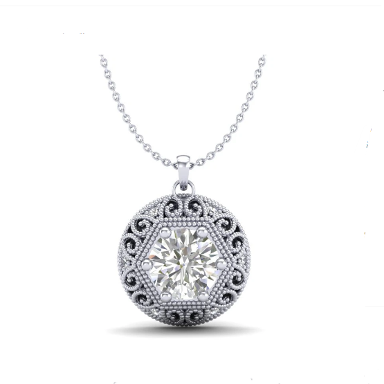 18K Round Circle 3-Dimensional Hexagon Art Deco Solitaire Diamond Pendant Neckla