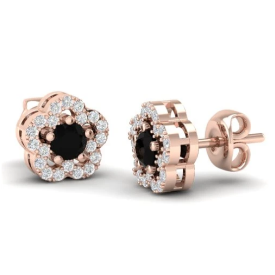 18K Rose Gold White and Uniqe Black Diamond Earring Stud