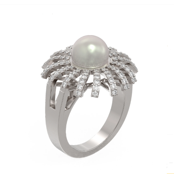 18K White Gold Palm Tree White Pearl Diamond Ring