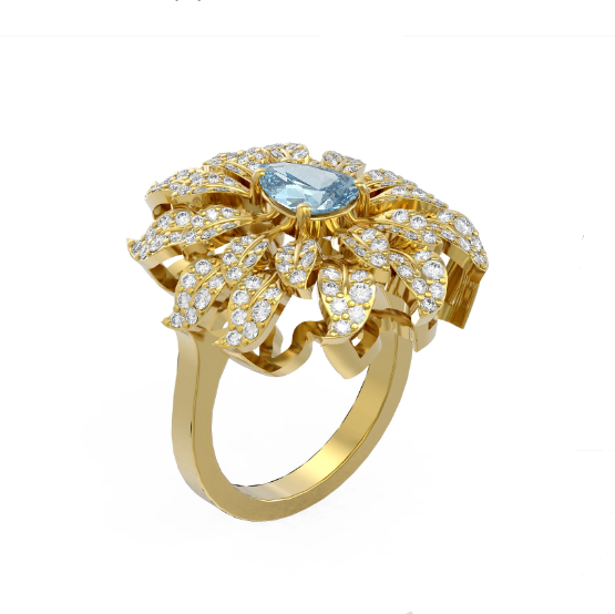 18K Yellow Gold Leaves Aquamarine Diamond Ring