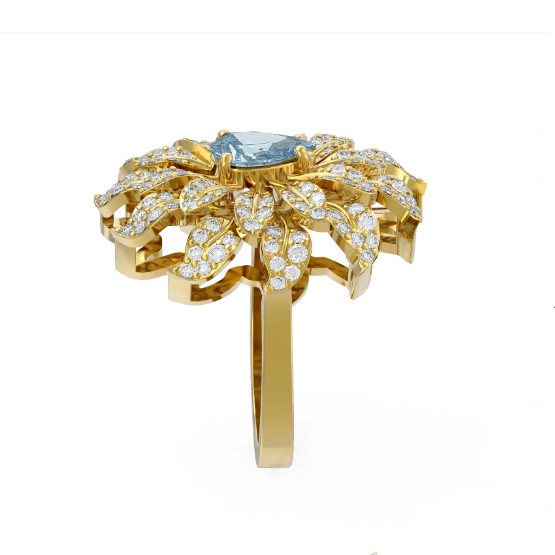 18K Yellow Gold Leaves Aquamarine Diamond Ring
