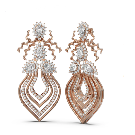 18K Rose Gold Multiple Layers Dangling Dancer Heart Shape Diamond Earring