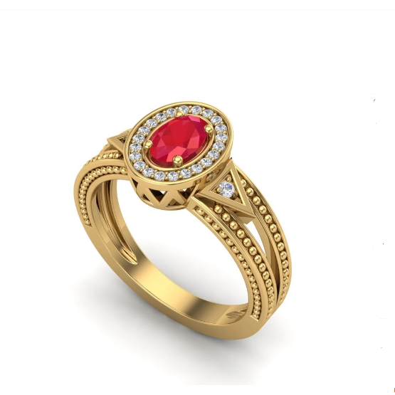 18K Yellow Gold Oval Ruby Diamond Triangle Millgram Halo Fashion Ring