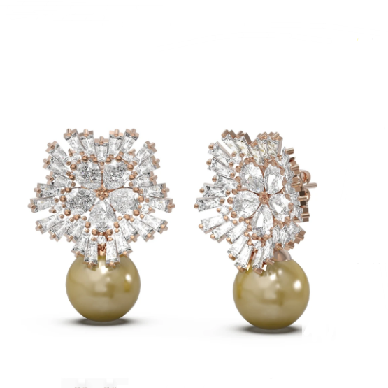18K Rose Gold Snowflake Floral Four Leaves Golden Pearl Earring