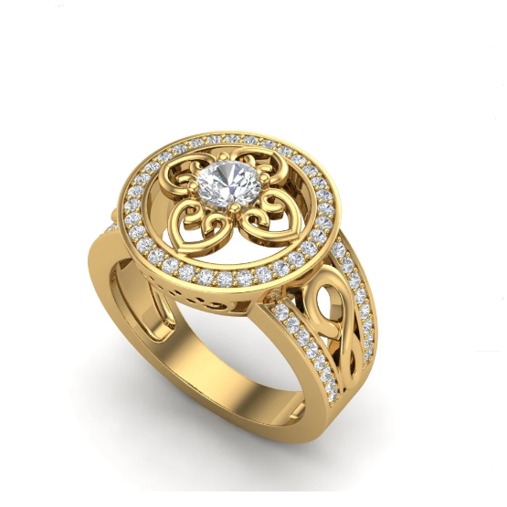 18K Yellow Gold 4 Lucky Hearts Diamond Art Deco Ring for Valentine's Day