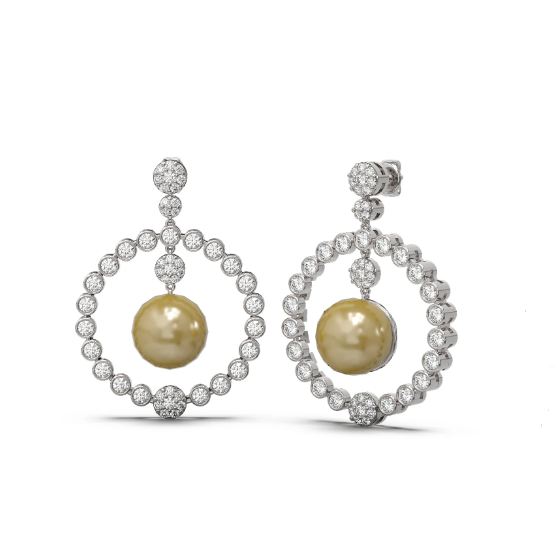 18K Fine Jewelry Diamond Golden Pearl Dangling Earring